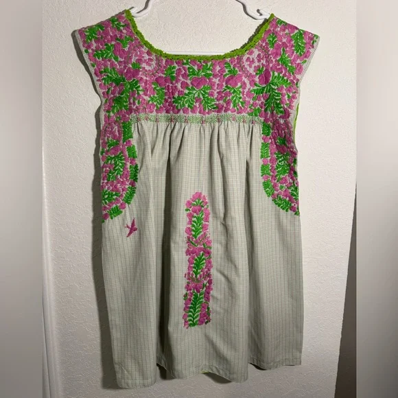 Mi Golondrina Mexico Embroidered Plaid Sleeveless Blouse Womens Size Small - Picture 1 of 7